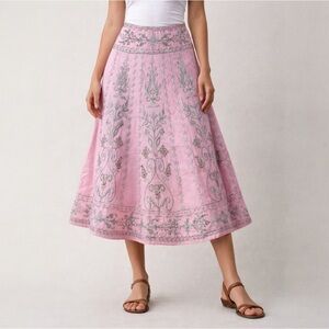 Basil & Maude Anthropologie Pink Hand Bali Boho Skirt Size 8 Elegant Embroidered
